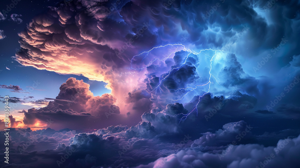 Fototapeta premium Beautiful epic night sky with huge thunderclouds and lightning bolts