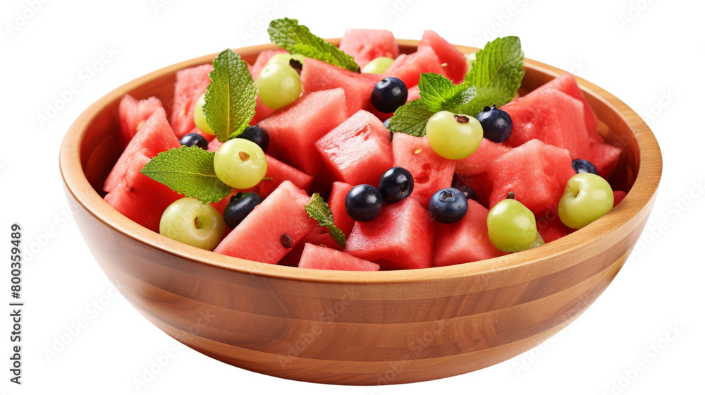 A wooden bowl holds a vibrant mix of watermelon slices and olives on transparent background