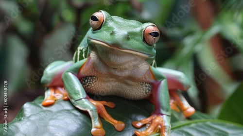 The frontal view of a green frog on a leaf creates a captivating face-to-face encounter with the camera