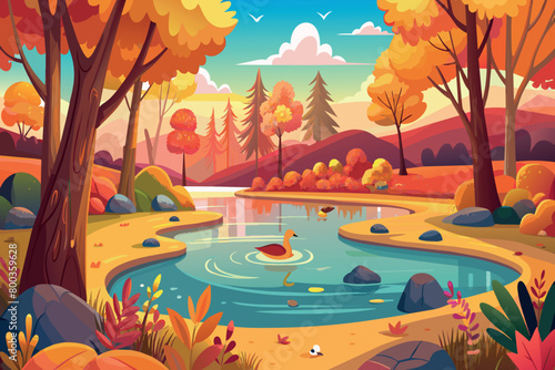 A beautiful autumn scene with a pond and trees