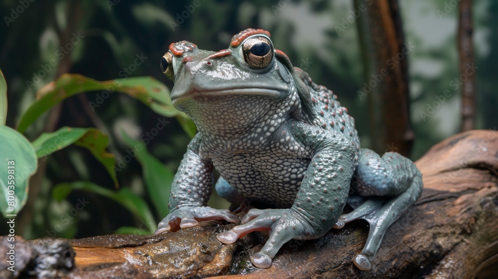 This detailed image showcases a green frog with bulging eyes perched on a piece of wood in a natural environment This detailed image showcases a green frog with bulging eyes perched on a piece of wood in a natural environment