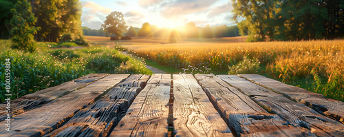 Close-up auf einen Holztisch mit Getreidefeld und Traktor im Hintergrund. Tisch mit Freiraum für Produktpräsentation und Textfreiraum. Panorama Banner Format.
