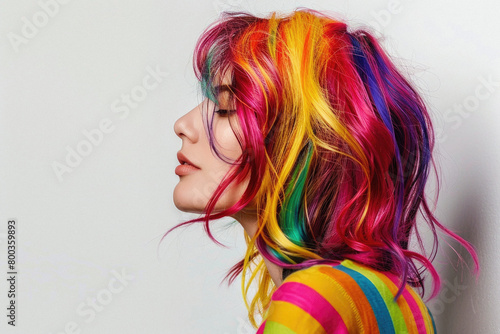 Stylish cool young woman, hipster girl model with trendy rainbow colors hair looking at camera posing for portrait on background. Ombre bright hairstyles, beauty hair coloring, colorist ads.