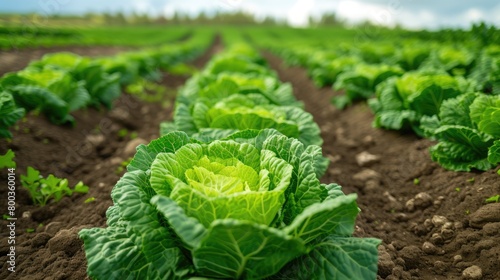 Bountiful Crop: Green Cabbage Beds in a Picturesque Farm Landscape