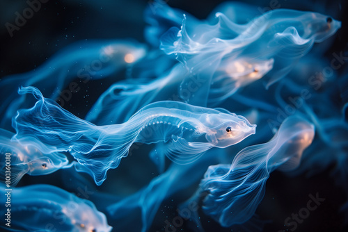 A mesmerizing underwater ballet of bioluminescent deep-sea fishes. light trails weaving through the deep sea.Fluid and Flowing Visuals © Dinusha