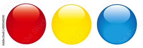Glossy colorful buttons set isolated on transparent or white background, vector illustration. Collection of empty 3D buttons in red, yellow, and blue.