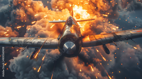 A World War II fighter pilot engaged in a dogfight, with tracer rounds streaking through the sky and explosions erupting below. Epic shot.


 photo