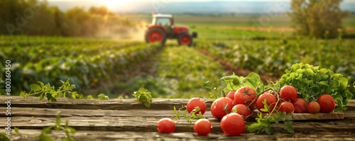 Close-up auf frisch geerntete Tomaten und Salat auf einem Tisch mit Feld und Traktor im Hintergrund. Tisch mit Freiraum für Produktpräsentation und Textfreiraum. Panorama Banner Format