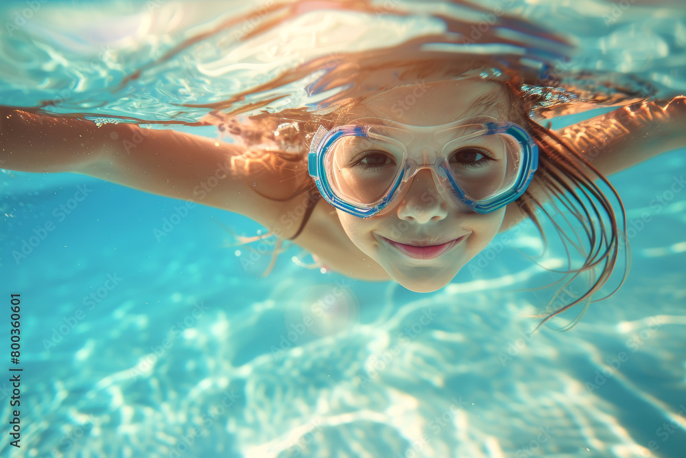 Underwater view of a little girl swimming in a pool