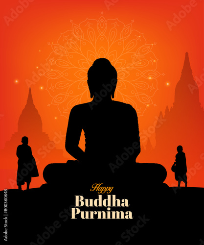 Happy Vesak Day, Buddha Purnima wishes greetings with a Buddha minimal vector illustration. Can be used for posters, banners, greetings, and print design