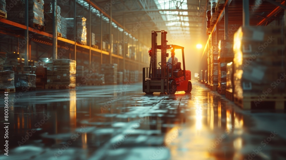 Forklift operator moving a pallet of goods in a high-tech warehouse, with clear focus on the action.