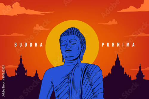 Happy Vesak Day, Buddha Purnima wishes greetings with a Buddha minimal vector illustration. Can be used for posters, banners, greetings, and print design photo