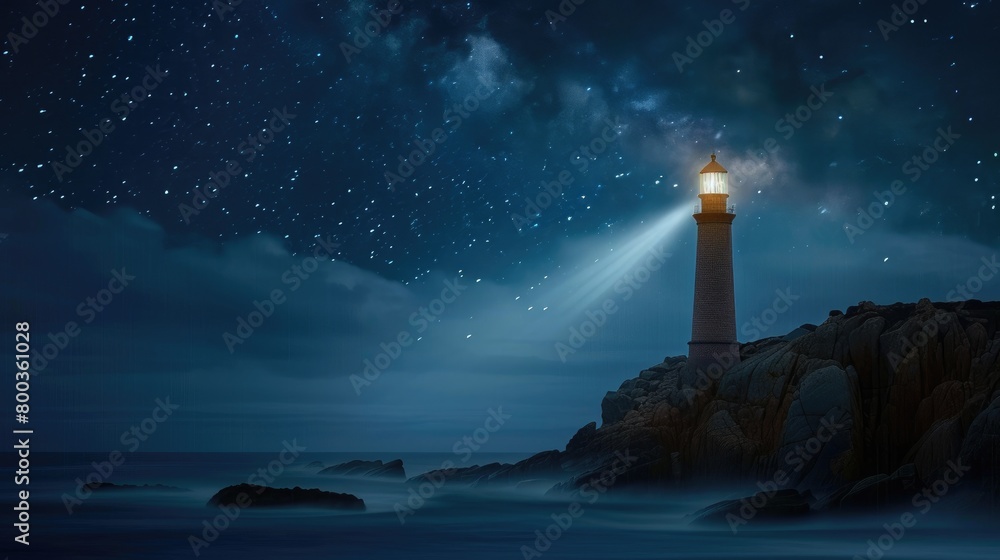 Luminous Lighthouse Amidst Starry Night, Coastal Tranquility