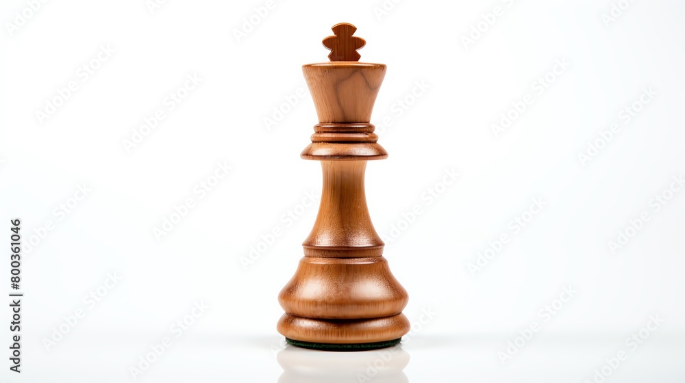 Single chess piece, the Queen, carved from wood, isolated on a reflective white surface, symbolizing strategy. Single chess piece, the Queen, carved from wood, isolated on a reflective white surface, symbolizing strategy.