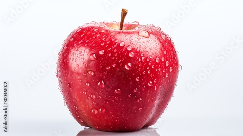 Single apple with water droplets, isolated on a white background, detailed texture visible, soft light.