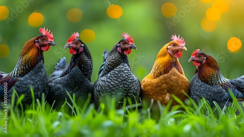 Chickens in field display group behavior and herding instinct in pastoral setting. Concept Animal Behavior, Herding Instinct, Pastoral Setting, Group Dynamics, Chickens photo