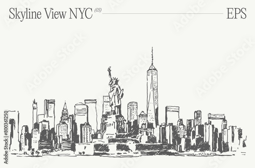 A drawing of NYC skyline with Statue of Liberty in the foreground