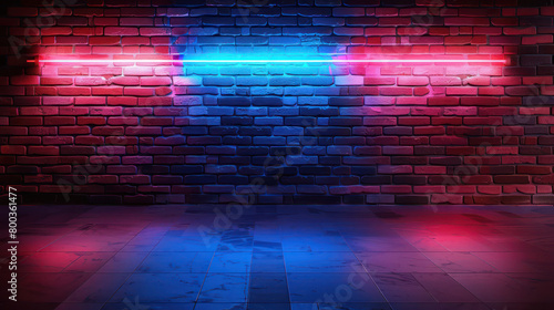 Red and blue neon lights on a brick wall background  night club stage design. Generative Ai Image.