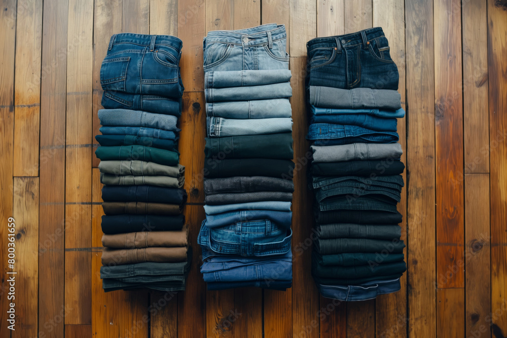Overhead view of arranged jeans and trousers in various shades on a wooden floor