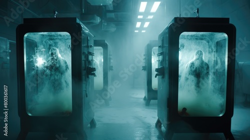 Fototapeta Naklejka Na Ścianę i Meble -  Team of astronauts in hypersleep anabiosis chamber aboard the orbital station. A crew of cosmonauts in hibernation. People in space. The concept of galactic travel and science.