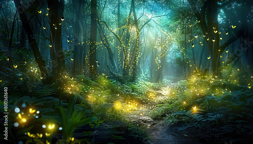 Mystical forest with glowing fireflies and magical creatures, fantasy landscape. Generative Ai Image.