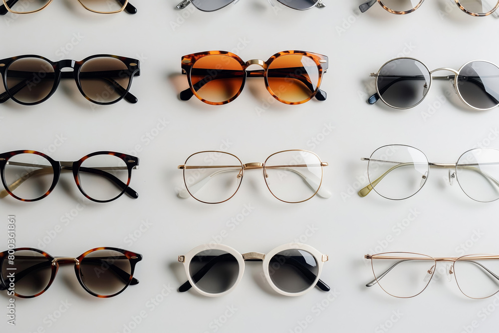 Variety of stylish eyewear neatly arranged against a clean, white backdrop Variety of stylish eyewear neatly arranged against a clean, white backdrop