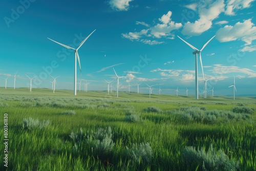 Eco-Friendly Energy: Windmills Embraced by Serene Hillsides © AIproduction