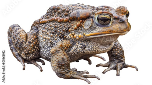 This image features a close-up view of a highly textured toad with detailed skin patterns, isolated on a white background