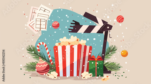 Movie clapper with popcorn cinema tickets and Christmas