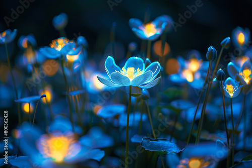 Bioluminescent flora blooming in a surreal nocturnal garden, emitting ethereal glows. photo