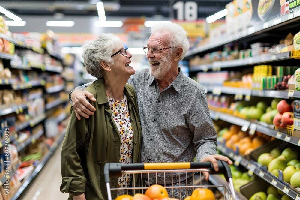 elder couple shopping in supermarket