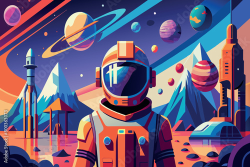 A colorful space scene with a man in a spacesuit standing in front of a rocket