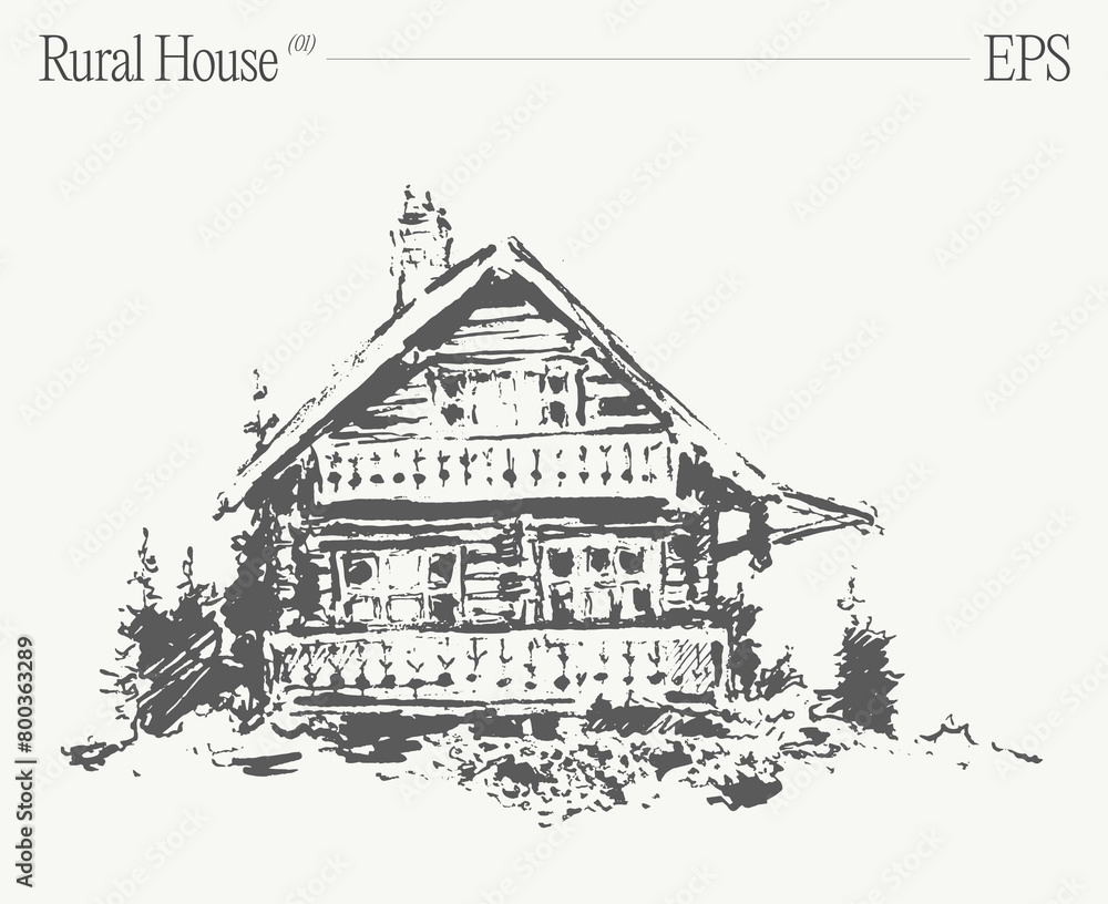 Hand drawn vector illustration of a cabin with balcony in a wooded setting