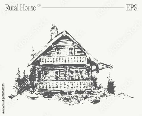 Hand drawn vector illustration of a cabin with balcony in a wooded setting