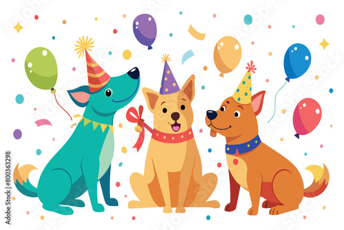 Three dogs are sitting in a row, each wearing a party hat