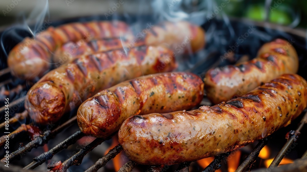 Sausages fried on fire in a plate with vegetables. Food for a picnic, a quick snack.