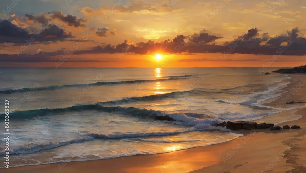 Beachfront sunset panorama, A breathtaking view of the sun sinking below the horizon by the sea.