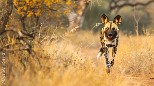This image captures an African wild dog trotting along a winding trail surrounded by autumn colors
