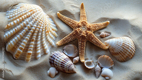 Starfish and Seashells on sand