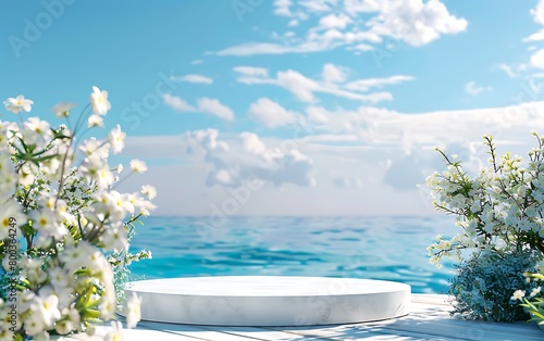 White podium on the background of the sea and blue sky. 3d rendering photo