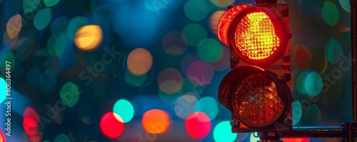 Red traffic light on a festive bokeh background photo