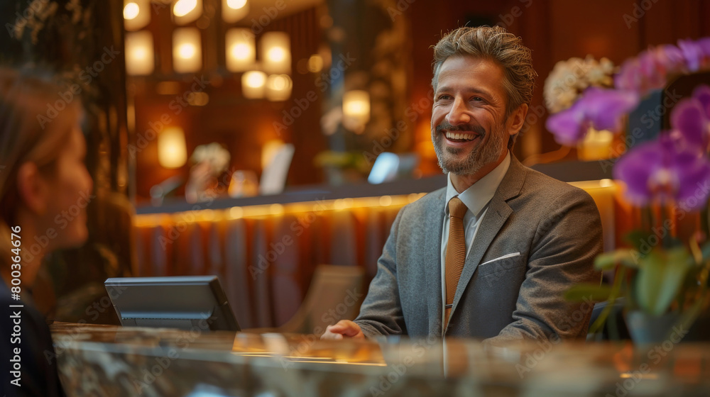 Hotel manager welcoming international guests at the reception desk with a warm smile.