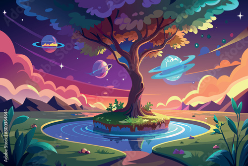 A colorful painting of a tree with planets surrounding it