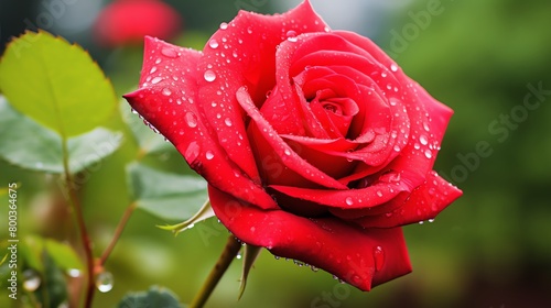 A beautiful red rose with water drops on its petals. The rose is in focus  with a blurred background.