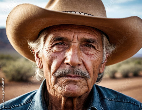 An elderly man in a cowboy hat, portrait of an elderly cowboy with an expressive look