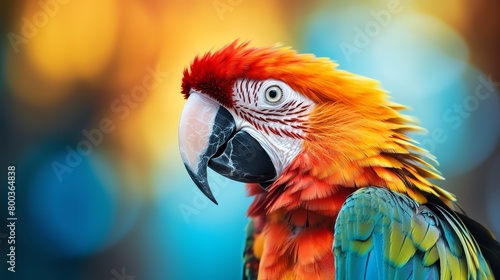 A closeup of a parrot with vibrant feathers. The parrot is looking to the left of the frame. The background is a colorful blur of orange, yellow, blue, and green.