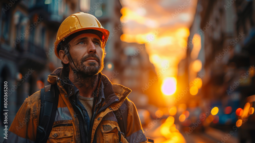 Builder on site wearing a safety helmet at sunset. The foreman is working on the roof. Concept of construction, work. Builder on site wearing a safety helmet at sunset. The foreman is working on the roof. Concept of construction, work.