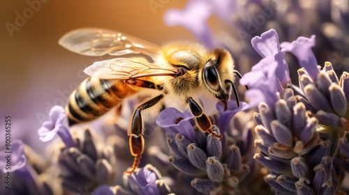 A bee pollinating a lavender flower. The bee is covered in pollen and the lavender is in focus. The background is out of focus and is a warm, sunny color. © Ps_Studio21