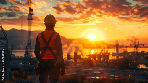 Builder on site wearing a safety helmet at sunset. The foreman is working on the roof. Concept of construction, work. photo