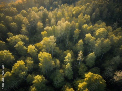 Aerial view of a forest aglow with daylight  highlighting the intricate patterns of the tree tops.